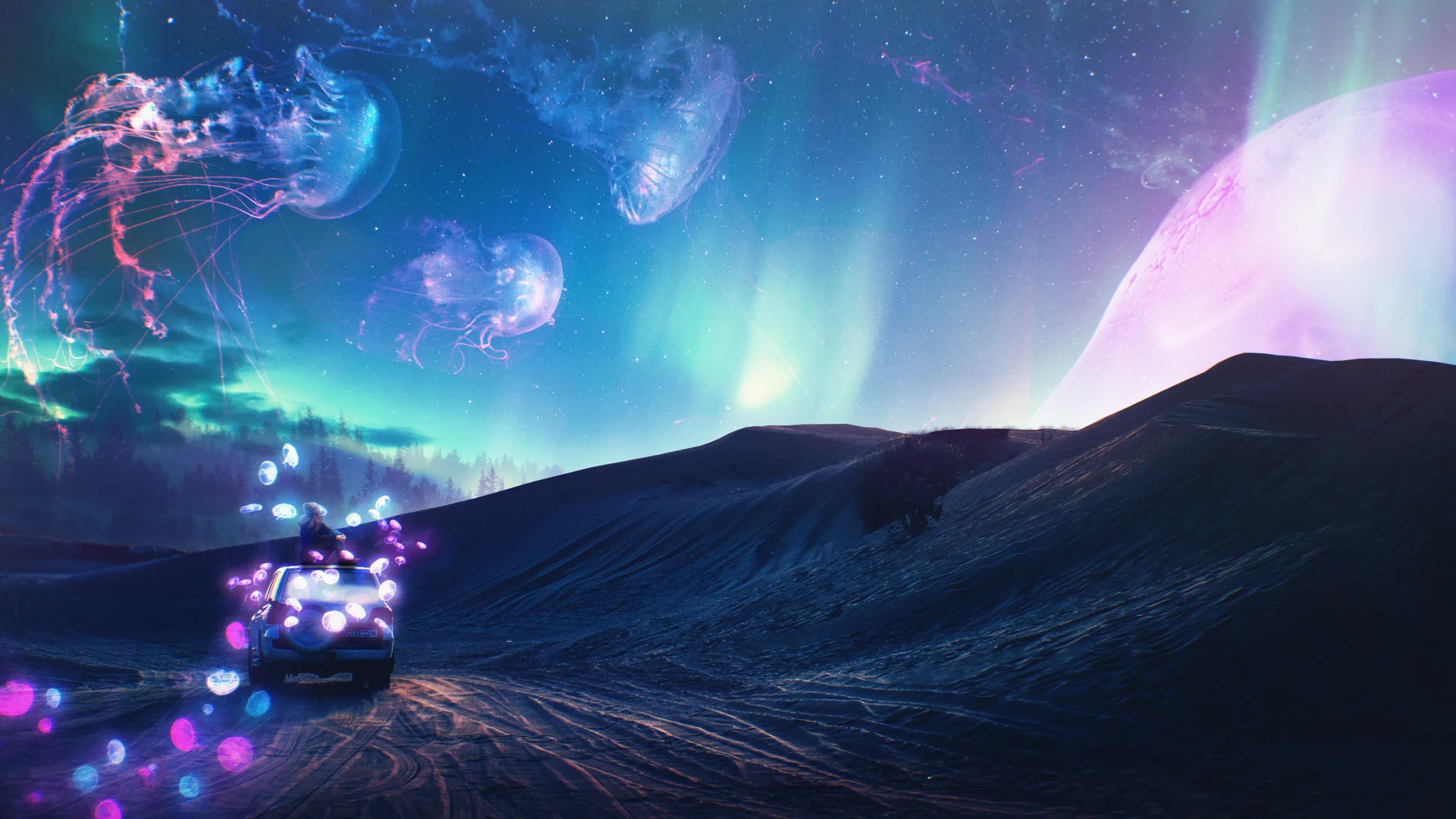 Digital artwork featuring a glowing jellyfish with bioluminescent purple and blue tones floating in a starlit night sky, creating an ethereal and mystical atmosphere