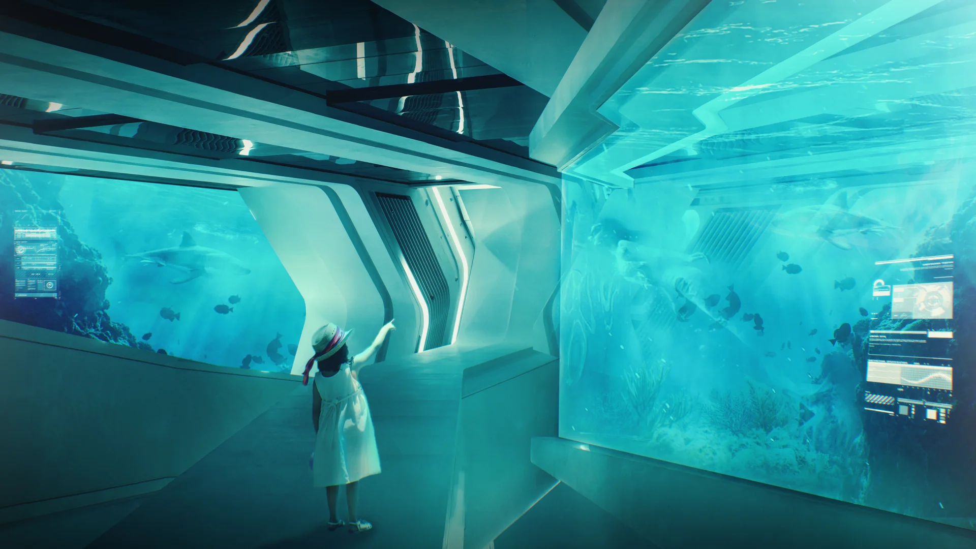 Digital artwork depicting an underwater aquarium scene with marine life, featuring fish and aquatic elements through photo manipulation and digital painting techniques