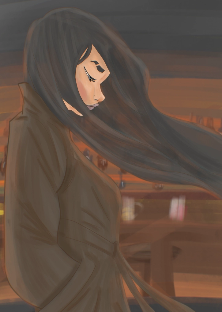 Digital painting featuring a character walking, showcasing artistic style and environmental storytelling through 2D painting techniques